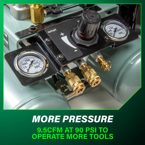 Close-up of The Tank XL 9-Gallon Gas Wheelbarrow Air Compressor With Honda GX200 Engine gauges and pressure controls.