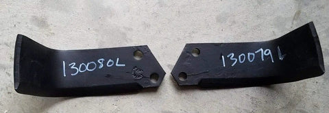 Close-up of RTH RTX tiller tines marked 130079L and 130080L from 44 Piece Tine Replacement Set For RTH RTX Tillers Including 22 RH and 22 LH Tines Replacing 130079L RH And 130080L LH For Durable Farm Tilling And Hard Use