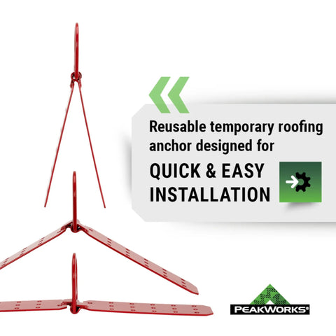 Stainless steel temporary roof anchor bracket in use, showing setup for fall protection with ANSI and OSHA compliance.
