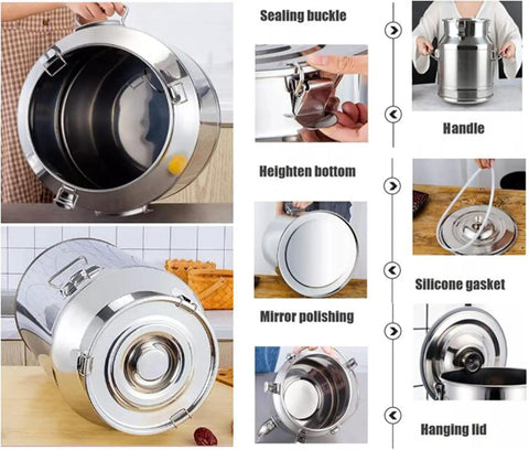 Premium Quality Heavy Gauge Stainless Steel Milk Jug And Oil Tote With No Sweat Cleaning And Rock Solid Seal 76 Liter Silver Dairy Pail showing various features.