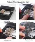 BGA rework tool used for fixing and tinplating chips in four steps with hands working on the device.