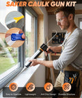 Man using Dripless Caulking Gun Kit With An 11 In 1 Tool Set Pro Grade Manual Sealant Gun And Silicone Finishing Tools on window frame
