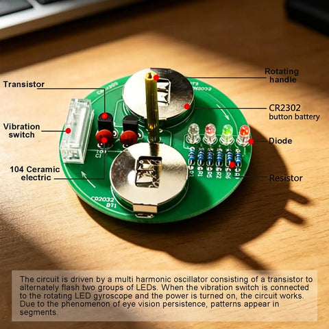 LED Rotating Desk Gyroscope Soldering Practice Kit For Beginners Easy No Fuss Build Electronics DIY Project circuit board.