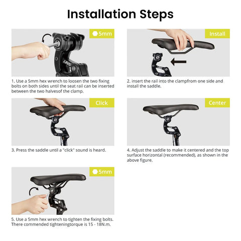 Installation steps for Suspension Seatpost 27.2mm With Dust Sleeve for Road, Mountain and E-Bikes, showing tools and adjustments.