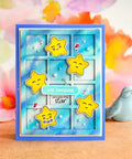 Handmade card with yellow star embellishments and blue background, featuring 'Just Because You're My Star' text, floral accents.