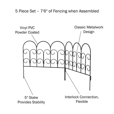 Metal Garden Fencing Set Of 5 Interlocking Panels For Flower Beds And Landscaping Decorative Scroll Edging With Lawn Stakes Seven Point Six Feet Of Border Durable Black Patio Ready Yard Border assembled with scroll design and stakes