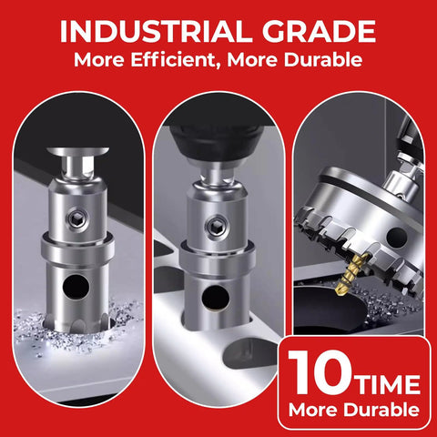 Close-up of Heavy Duty Three Quarter Inch Hole Saw Kit With Two Piece Carbide Tipped Drill Bits for cutting metal.