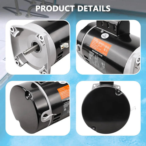 No Sweat Heavy Duty Dual Voltage Pool Pump Motor 2HP B2855 Replacement 56Y Frame Square Flange 3450 RPM side view details