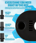 Close-up of 850 GPH Submersible Pool Cover Pump with 30 inch power cord showing 1/2, 3/4, and 1-inch adapters