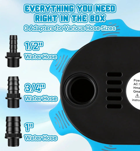 Close-up of 850 GPH Submersible Pool Cover Pump with 30 inch power cord showing 1/2, 3/4, and 1-inch adapters