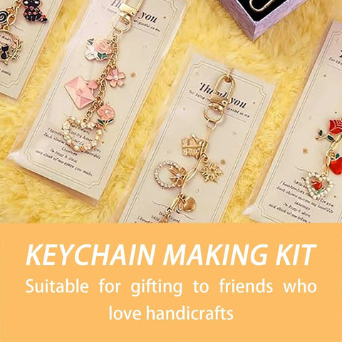 The Real Deal On DIY Keychain Crafting Comes In This Huge Kit Loaded With Iron Clasps Extender Chains Cards And Zip Pouches Plus Ropes To Build Sick Custom Keys Anyone Will Love It Done In Hours Perfect For Rainy Afternoons Or Group Time At Home Now. keychain making kit with gold charms on cards
