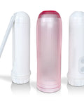 Portable Travel Bidet With Dual Pressure Options Automatic Electric Personal Hygiene Cleaner in pink and white, 140ml tank, shown front and side.
