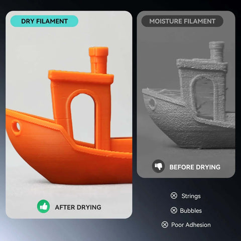 Comparison of 3D prints using Filament Dryer And Storage Box SP2 For Two 1Kg Filaments; dry vs. moisture filament results.
