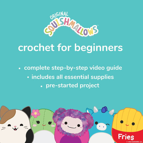 Original Squishmallows crochet for beginners kit with video guide, essential supplies, pre-started project and playful plush designs