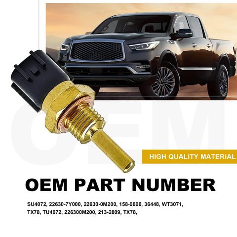 Coolant temperature sensor with brass body and black connector, automotive part for Nissan/Infiniti models.