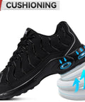 Side view of Men's Steel Toe Work Sneakers Comfortable Lightweight Safety Shoes With Breathable Mesh Puncture Resistant Midsole And Slip Resistant Outsole For Tough Jobs in black showing cushioning feature.