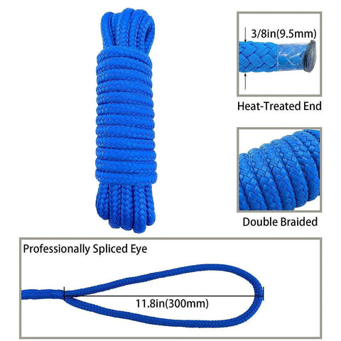 Boat Dock Rope For Quick Mooring And Replacement, blue double braided marine line with professionally spliced eye, 7.62m length.