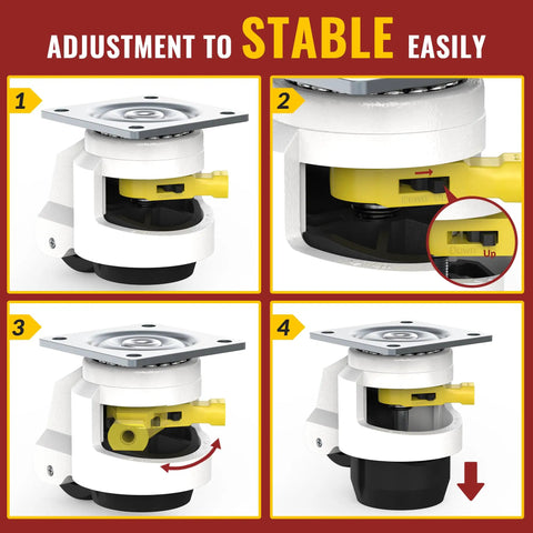 Leveling Casters With Ratchet Handle For Heavy Duty Gear Set Of 4 2600 Lbs Total Capacity Industrial Caster Wheels adjustment steps