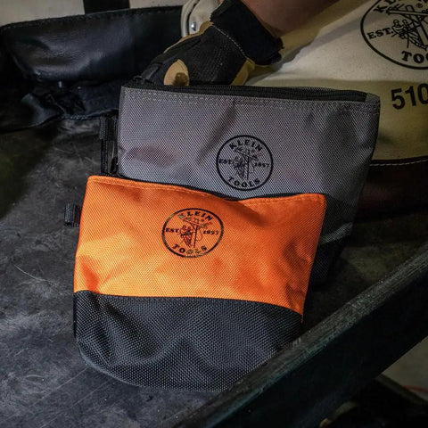 Durable Tool Bag Storage Kit With Stand Up Base And Canvas Zipper Pouches Six Piece Assorted Colors For Easy Access Reinforced Bottom High Capacity Organizer For Pro Job Sites showing orange and gray pouches on toolbox.