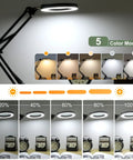 2 In 1 LED Magnifying Glass With Stand And Clamp, Five Color Modes Dimmable Lighting showing brightness levels and lamp angles.