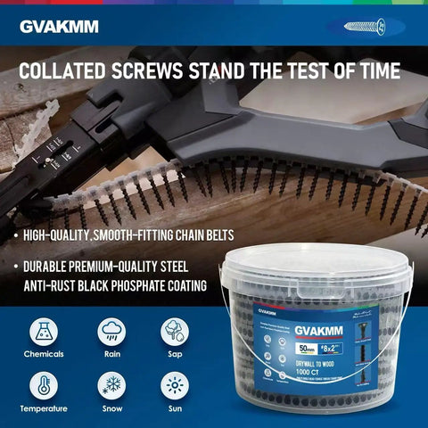 Heavy Duty Drywall To Wood Screws, Size 6 By 1-5/8 Inch Collated Fasteners, 1000 Count in a durable storage bucket.