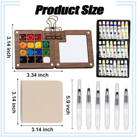 Mini Watercolor Travel Kit With Wooden Palette And Copper Clip Includes 24 Watercolors 6 Brushes And 2 Sketchbooks shown