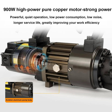 Etsuosy Portable Hydraulic Rebar Cutter motor showing 900W pure copper strength for efficient steel rod cutting.