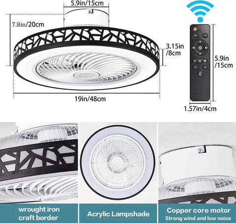 Compact Black Flush Mount Ceiling Fan With Lights And Remote Control, Low Profile Enclosed Design, 20 Inch Diameter And 7.9 Inch Height, Perfect For Low Ceilings Or Bunk Rooms, Kid Friendly, Space Saving Modern Fan For Bedroom Or Living Area with remote and detailed border design