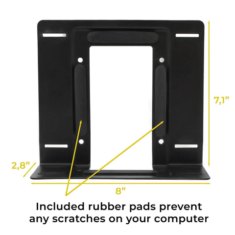 Adjustable Under Desk PC Mount And Wall Mount Bracket For Small Form Factor Computers Heavy Duty Mini PC Holder dimensions 8x7.1x2.8 inches with rubber pads.