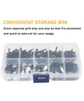 A plastic box containing 340 Piece M2.5 Black Countersunk Socket Cap Screws And Nylon Lock Nuts And Hex Nuts Kit, 10.9 Grade Alloy Steel M2.5 By 4 6 8 10 12 14 16 18 20mm, Versatile Hardware Set For Electronics Projects And DIY