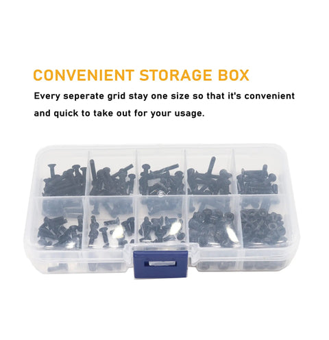 A plastic box containing 340 Piece M2.5 Black Countersunk Socket Cap Screws And Nylon Lock Nuts And Hex Nuts Kit, 10.9 Grade Alloy Steel M2.5 By 4 6 8 10 12 14 16 18 20mm, Versatile Hardware Set For Electronics Projects And DIY