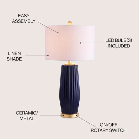 Navy Blue Modern Ceramic Table Lamp 28.5 Inches Tall For Living Room And Bedroom Fluted Bedside Nightstand Light With White Linen Shade And Gold Base LED Bulb Included For A Lit Vibe UL Listed with labeled parts