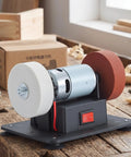 Pro Grade Dual Wheel Electric Bench Grinder with red and white wheels on a sturdy base, ideal for metal fabrication projects.