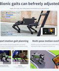 Bionic robot dog demonstrating adjustable gait settings with smartphone app, showcasing motion planning features.