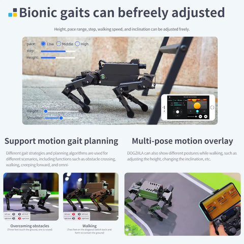 Bionic robot dog demonstrating adjustable gait settings with smartphone app, showcasing motion planning features.
