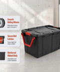 Two Pack 160 Quart Black Stackable Rolling Storage Bins with Heavy Duty Red Latches and Smooth Glide Wheels for Garage Organization and Moving Loads Like a Champ without Breaking a Sweat, featuring red latches and wheels.