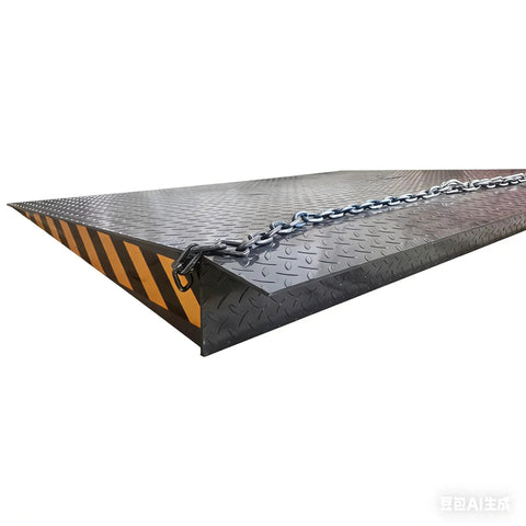 Hardcore 59X79 Heavy Duty Dock Board And Container Ramp Built Like A Tank For 13228 Lb Loads showing diamond grip surface and safety chain.
