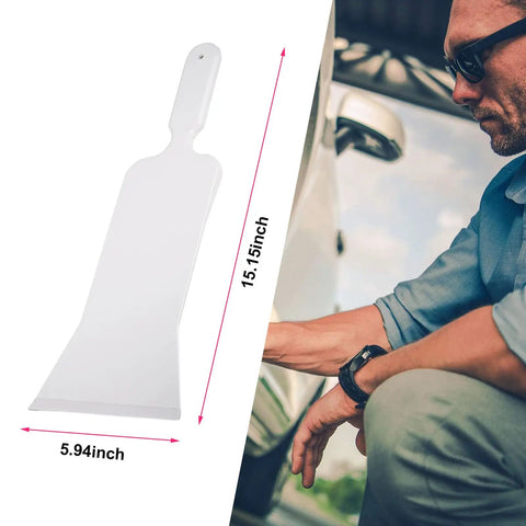 Long Handle Bulldozer Squeegee For Car Windows And Glass Tinting Flat Paddle Scrubber Tool with white grip shown with man
