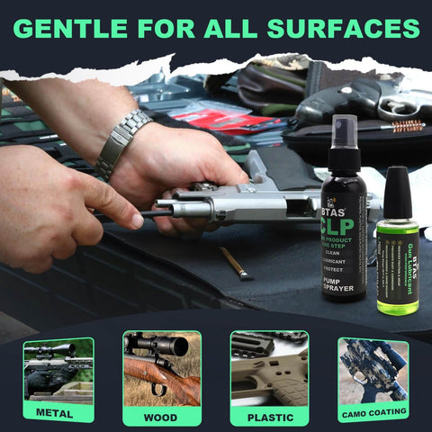 All-In-One Gun Cleaner And Lubricant Kit With CLP Solvent Spray, 2oz And 1oz Needle Oiler Bottles used on firearm