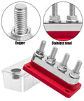 Real Deal Heavy Duty Marine Battery Bus Bar 12 24 48 Volt 600 Amp Copper Terminal Block with nylon housing and copper terminals.
