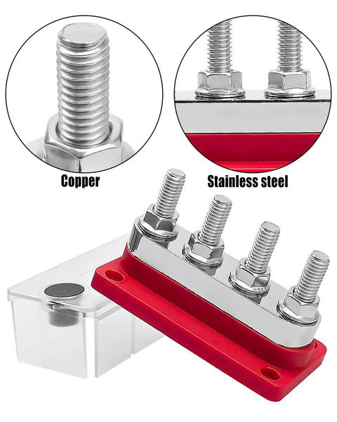 Real Deal Heavy Duty Marine Battery Bus Bar 12 24 48 Volt 600 Amp Copper Terminal Block with nylon housing and copper terminals.