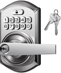 Slick Keyless Entry Door Lock Handle With Built In Keypad In Satin Nickel featuring a keypad and lever, suited for home security.