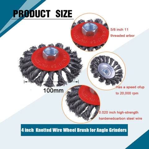 Eight Pack Four Inch Wire Wheels For Angle Grinders With Twist Knot Carbon Steel Wire Brushes and Five Eighths Inch Thread Arbor