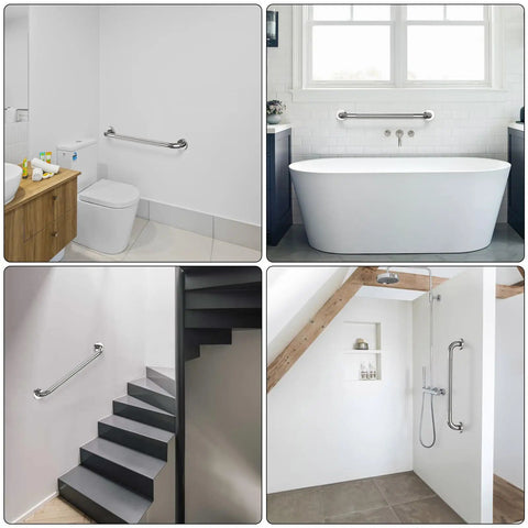 Straight Up 36 Inch Shower Grab Bar With Killer Anti Slip Knurled Grip For Bathroom Safety And Added Stability Heavy Duty Stainless Steel Support Handle mounted next to a toilet and bathtub.
