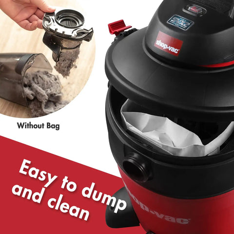 10 To 14 Gallon Disposable Vacuum Filter Bags 6 Pack For Wet Dry Vacs Captures Fine Particles Like Drywall Cement Dust And Cold Ashes Premium Quality Easy To Replace Eco Friendly Dust Collection Bags shown in use and emptying process for easy cleanup.
