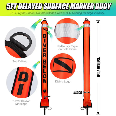 Must Have High Visibility Surface Marker Buoy Set With 5 Foot Open Bottom Safety Sausage, Reflective Tape On Both Sides, Bright Orange