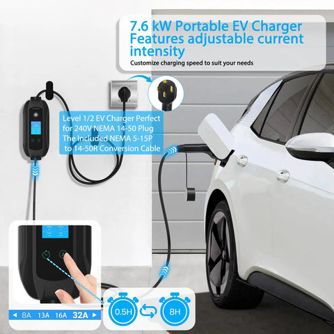 Level 1 And Level 2 EV Charger With J1772 Connector, 23 Foot Cable, 240V 32A 7.68KW Output, NEMA 14 50 Plug And NEMA 5 15 Adapter, Home Charging Station For J1772 Electric Vehicles, No Fuss Plug And Play shown charging a white electric vehicle at home, highlighting adjustable current settings.
