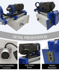 Front and side views of Yokoma 110V portable line boring machine with 5.2 ft x 1.57 in drilling bar and control handle.