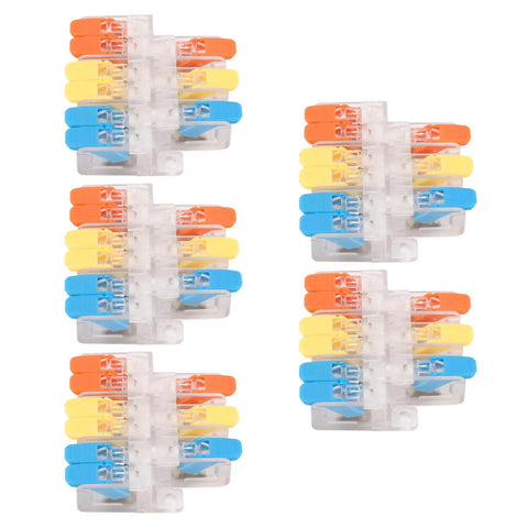 Five 3 In 6 Out Quick Wiring Splice Cable Connector 41A 450V with red copper contacts, PA fire retardant housing, visible from top view.