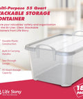 Heavy Duty Stackable Storage Bins Eighteen Pack White Plastic 55 Quart Home Organizers shown with clear design and built-in handles.